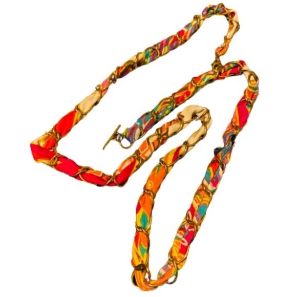 WOMEN’s MULTICOLOR TWISTED FABRIC & GOLD-TONE ROPE CHAIN ADJUSTABLE TOGGLE BELT - Picture 1 of 4